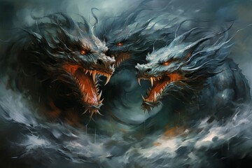 Poster - Ferocious storm dragons in Fantasy - Generative AI