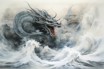 Wall Mural - Ferocious storm dragons in Fantasy - Generative AI
