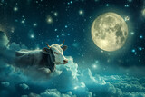 Fototapeta  - Dreamy Nightscape with Cow Jumping over Moon