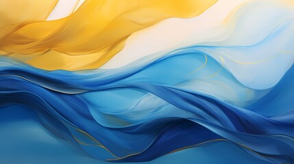 Wall Mural - Abstract waves of cerulean blue and goldenrod creating a serene and dreamlike atmosphere.