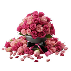 Wall Mural - Pink Roses Bouquet in Black Vase with Petals and Ribbon