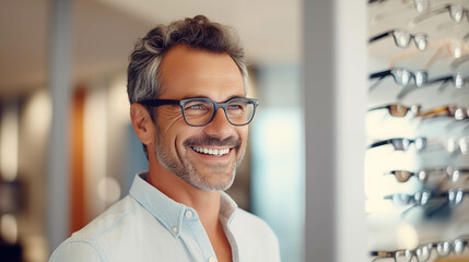 Wall Mural - Caucasian man tries on glasses in an eyeglasses store.