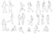 © Galina - Silhouettes of men, women, teenagers and children standing, walking, sitting, linear sketch, black color, vector, group recreation people, students, flat icon design concept isolated on white