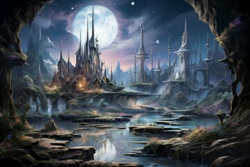 Poster - Bewitching moonstone fountains in Fantasy - Generative AI