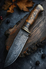 One Stylish Damascus steel kitchen knife on a wooden board