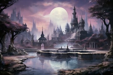 Wall Mural - bewitching moonstone fountains in fantasy - generative ai