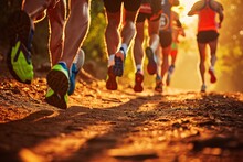 A Group Of Runners Running On A Dirt Trail. Generative AI