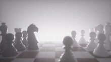 Chess Pieces Placed On The Chessboard, Fog Is Covering Chess Pieces In The Middle Of A Chess Match. 