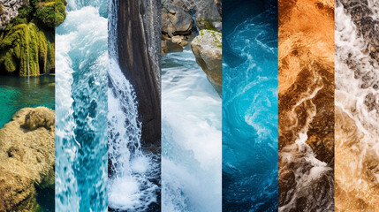 a collage of diverse water sources, from babbling brooks to powerful waterfalls, showcasing the vari