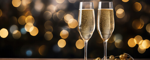 Two glasses with sparkling champagne, blurred light background.