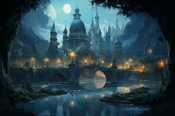 Wall Mural - Bewitching moonstone fountains in Fantasy - Generative AI