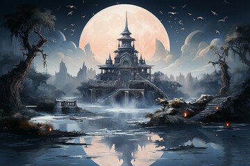 Wall Mural - bewitching moonstone fountains in fantasy - generative ai