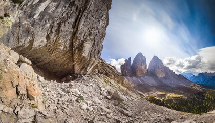 Wall Mural - view from below to a giant rock collapsed from the mount where have been found dinosaurs footprints dating back 200 million years ago mount pelmo the dolomites italy