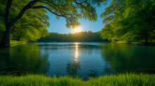 A Lake Surrounded By A Lush Landscape Under A Vivid Blue Sky. The Sun Shines Brightly, Casting Its Rays Through The Leaves Of The Overhanging Branches Of A Large Tree