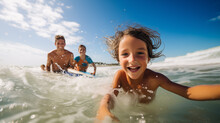 Happy Family Of Three Surfers Having Fun At Beach On Sunny Day.