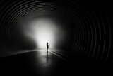 Fototapeta Fototapety przestrzenne i panoramiczne - Silhouette of a man in a dark tunnel, a lonely man stands in front of a light portal, mystery man in tunnel, modern abstract art, go into the light concept.
