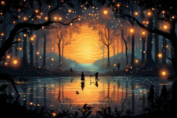 Canvas Print - Playful twilight fireflies, dancing in the fading light, casting a soft glow on the world - Generative AI