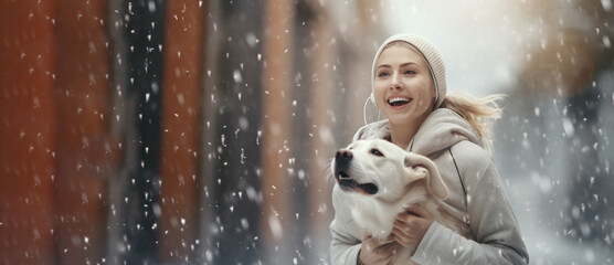 Wall Mural - Young beautiful cheerful smiling woman jogs on a winter sunny day. Snowing weather. Place for text. Sports positive emotions Winter running Healthy lifestyle Fitness. Copy space. Generative ai content