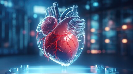 Transplantation human heart. 3D modeling in the field of internal organ transplantation. Technology in medicine and scientific research of the body, study of the human heart