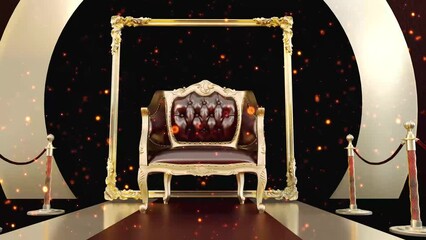 Wall Mural - 3D animation of red carpet leading to a red armchair with golden frame, vip concept