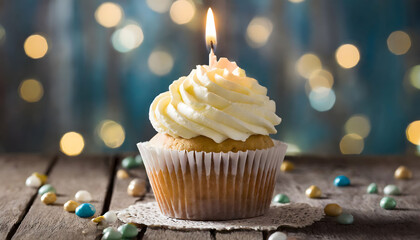 Wall Mural - Happy birthday delicious cupcake muffin with one candle, sprinkles decoration. Generative AI