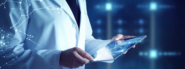 Doctor using smartphone tablet. Smart modern technology in medicine and healthcare concept on blue background