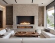 Wooden live edge accent coffee table between white sofas by fireplace in stone cladding wall. Minimalist style home interior design of modern living room in villa. 