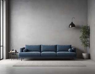 Wall Mural - Blue sofa against concrete wall. Scandinavian loft home interior design of modern living room in minimalist studio apartment.