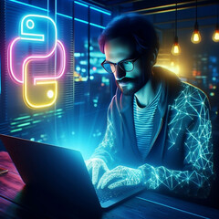 Dive into the coding world with this striking stock photo: a man mastering Python on his laptop amidst neon lights. A perfect blend of technology and expertise. 