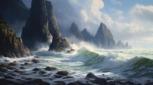 A Dramatic Coastline With Towering Cliffs, Waves Crashing Against Rugged Rocks, Illustrating The Fierce And Awe-inspiring Power Of The Ocean - Generative AI