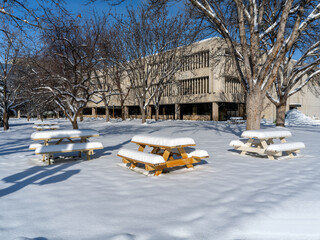 Wall Mural - Picnic area in winter all covered with fresh snow