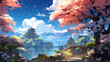 Japanese or fantasy eastern landscape. Spring summer autumn. Ancient place Path. Temple. Panorama  background. Digital painting. Poster, invitation, flyer, banner, email, header. Generative Ai content