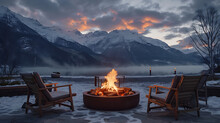 A Firepit In Front Of Mountains With Furniture Above The Fire, In The Style Of Cinematic Composition, Snow Scenes, Photographic 