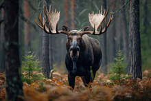 Big Male Bull Moose Alces Alces In Deep Forest Of Sweden. Big Animal In The Forest. Elk Symbol Of Sweden. Wildlife Animal 