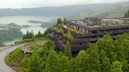 Wall Mural - Aerial shot picturesque paradise of Sete Cidades in Azores, Sao Miguel. Volcanic craters and stunning lakes. Ponta Delgada, Portugal. Natural wonders, landmarks and tourist attractions concept