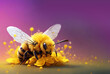 fluffy bee with transparent wings collecting flower pollen against  blurry background, generative ai