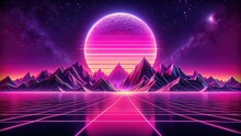 Abstract Retro Sci-fi Grid 80's, 90's Neon Colors Night And Sunset, Vintage Cyberpunk Illustration, Retro Synthwave Style Neon Landscape Background.