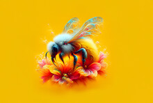Fluffy Bee With Transparent Wings Collecting Flower Pollen Against  Yellow Background, Generative Ai