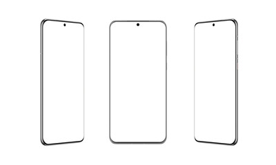 Fototapete - Smartphone with thin, round edges in three positions, transparent. Versatile phone mockup, ideal for showcasing modern design and app presentations