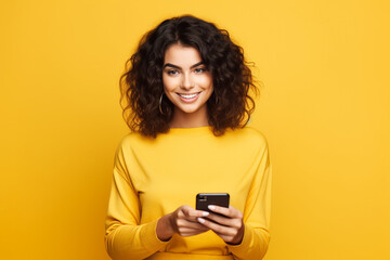 Wall Mural - Beautiful young brunette woman holding a phone on yellow background