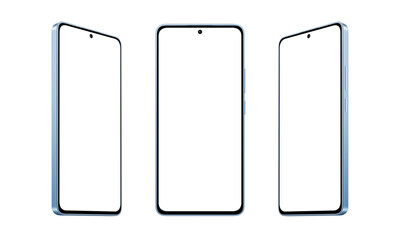 Poster - Blue, modern smartphone mockup with thin, round edges, displayed in three positions, transparent