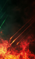 Poster - Fiery red streaks on a dark, abstract cosmic background falling towards a planet.