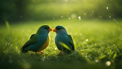 Tow green birds in a romantic scene with beautiful green nature landscape, animals.
