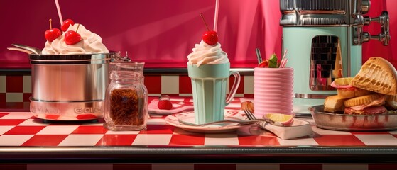 Checkered Table With Two Ice Cream Sundaes - Delicious Sweet Treats on Red and White Plaid Surface