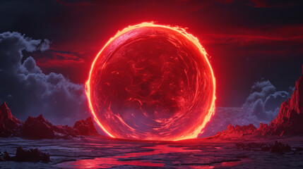 Poster -  Red glowing eclipse in a dark space setting, with a surreal atmosphere.