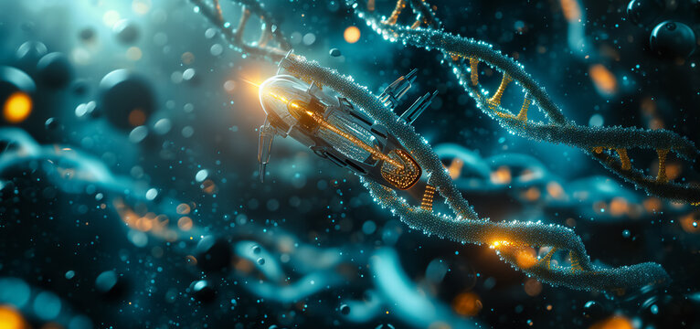 nanobots are repairing damaged dna. genetic engineering. science and medical concept. future technol