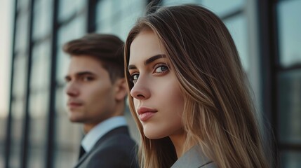 Dramatic pose of a young couple, tells a story, handsome male CEO staring at the beautiful female, female looking away as though she's hiding something 