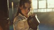 Portrait of a female karate fighter in action