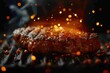 Beef steaks sizzling on the grill in flames on a black background