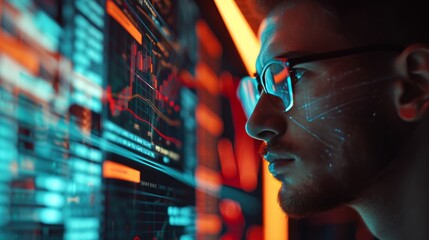 Wall Mural - Programming coding and man with focus, hologram and trading with cyber security, futuristic and research. Male person, investor and employee with data analysis, server or investment with website info 